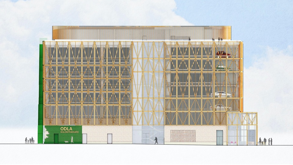 Mobilitetshus, en byggnad i flera våningar, sedd framifrån. Bilar syns parkerade i huset. I husets markplan syns skylt "Odla koloniträdgård". Vid gatan  människor i rörelse. Illustration